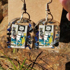 Tarot Themed Earrings-Death Card w/ Lapis Lazuli crystal pieces in the resin.